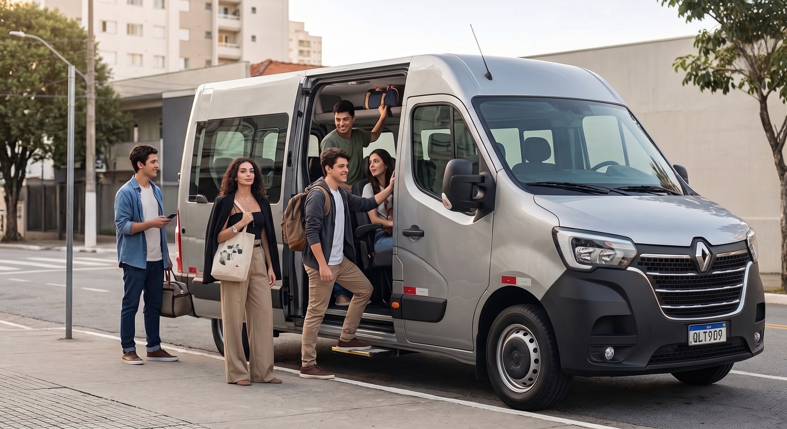 Grupo de amigos embarcando em uma van para viajar junto